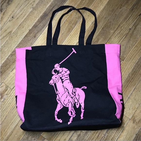 Polo Ralph Lauren Big Pony Logo Pink Black Canvas Boat Tote Beach Bag - Picture 1 of 2